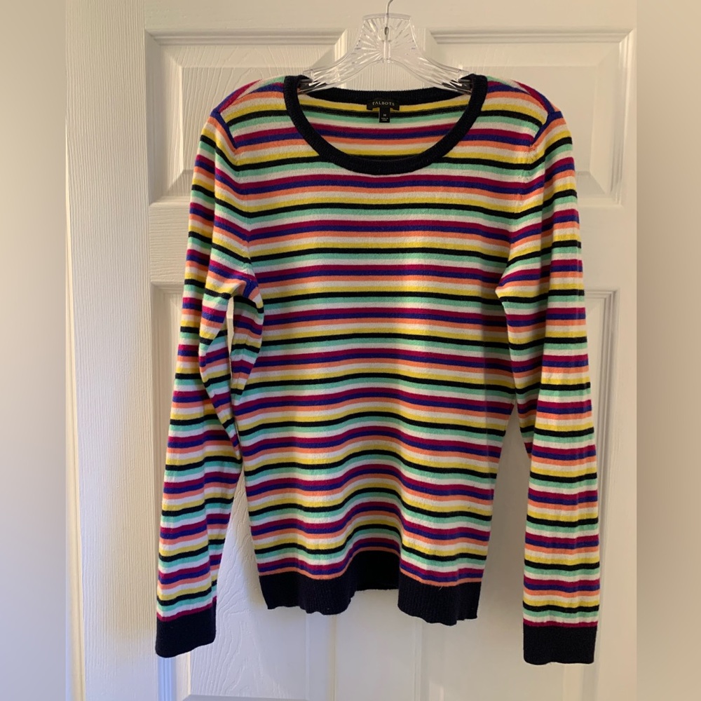 Talbots Vibrant Striped Crew Neck Sweater (Navy, Green, Yellow, Pink and Purple)